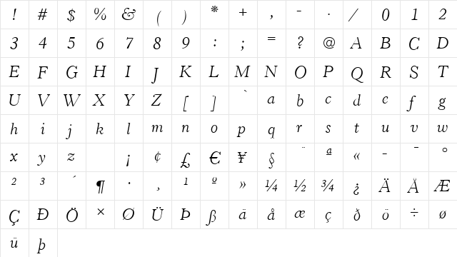 Hastings Italic  glyph index