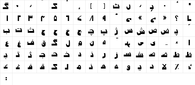 Urdu7ModernSSK Regular  glyph index
