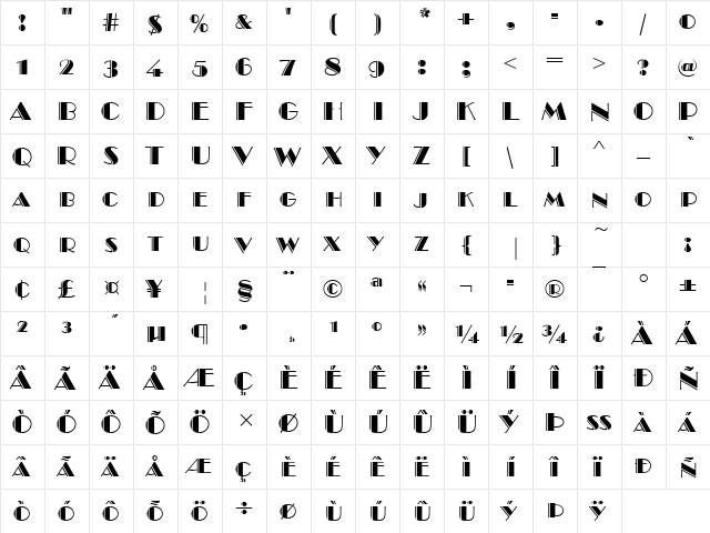 BroadwayEngSCD Regular  glyph index