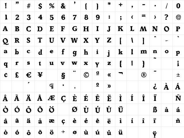 DerringerAntique-Xbold Regular  glyph index