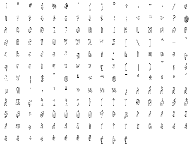 Java Jive Outline Condensed Regular  glyph index