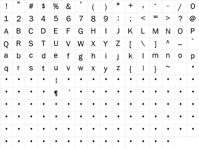 QTFrank Regular  glyph index