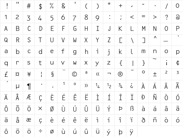 OCRF LightOSF  glyph index