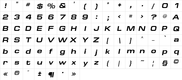 EuropeExt Bold Italic  glyph index
