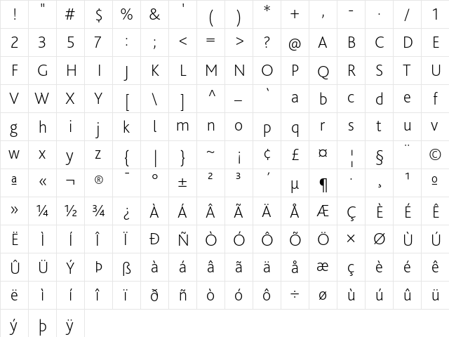 Bliss Pro ExtraLight  glyph index