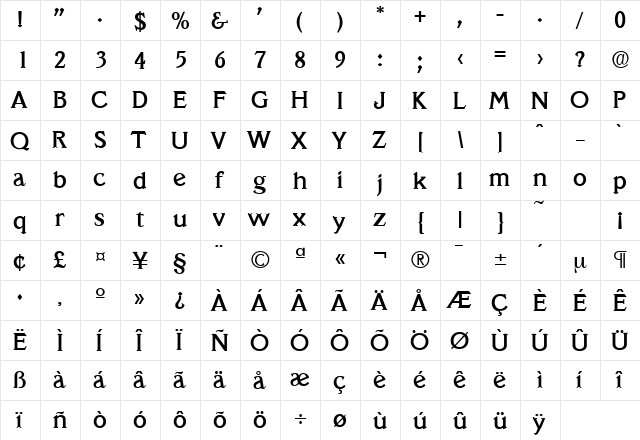 Veracruz-Serial-Medium Regular  glyph index