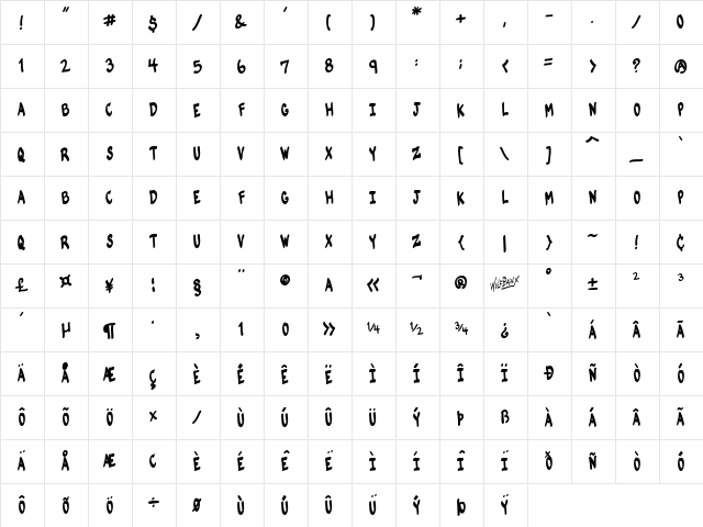 VTC-KomikSkans-One Regular  glyph index