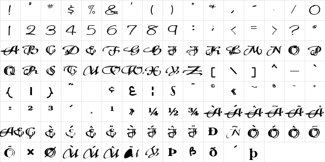 FreshCapFont120 Bold  glyph index