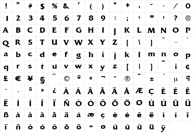 DennisBecker Bold  glyph index