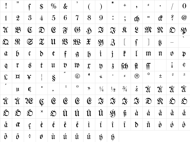 Walbaum Fraktur Regular  glyph index