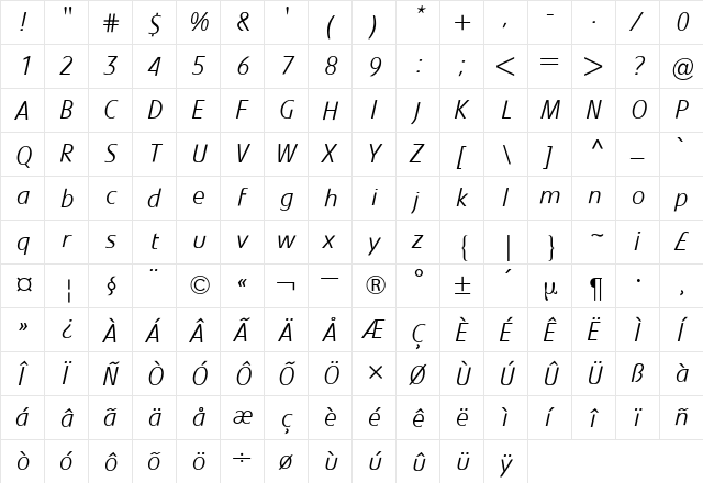Evo BQ Italic  glyph index