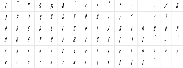 Longevous Oblique  glyph index