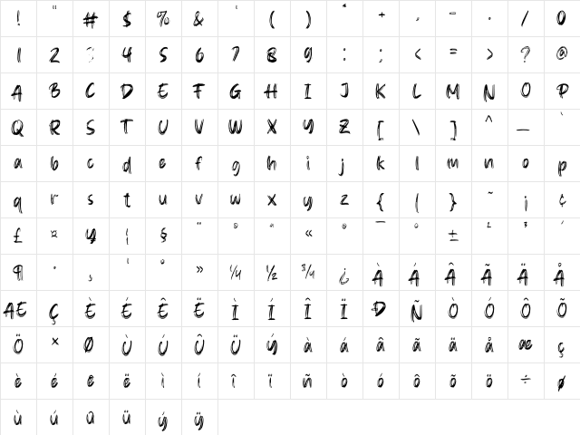 Gloverley Regular  glyph index