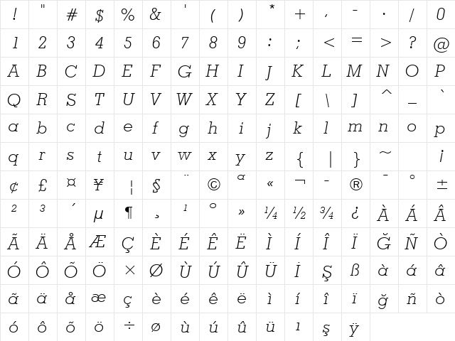 Louisville BT Light Italic  glyph index