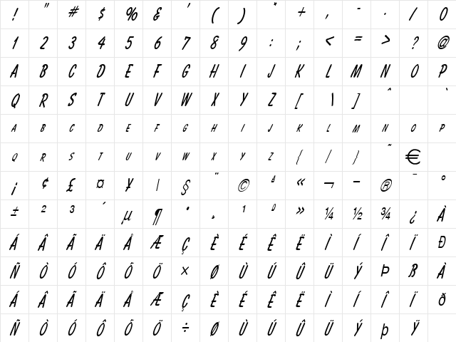 BassettThin Italic  glyph index