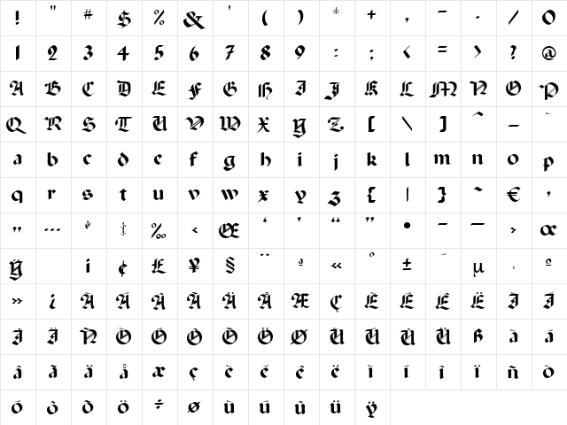 Albertus Regular  glyph index