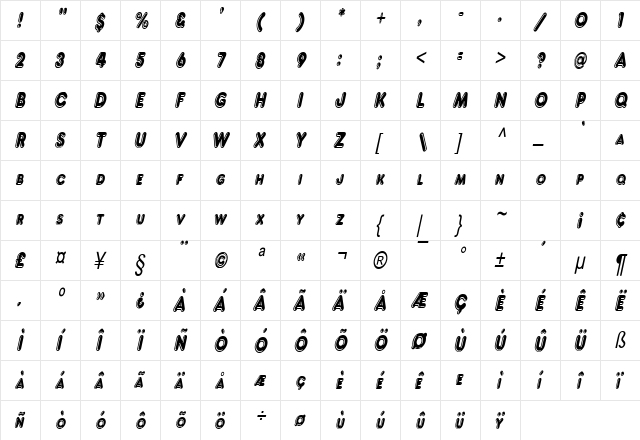 Francis High Lighted Condensed Italic  glyph index