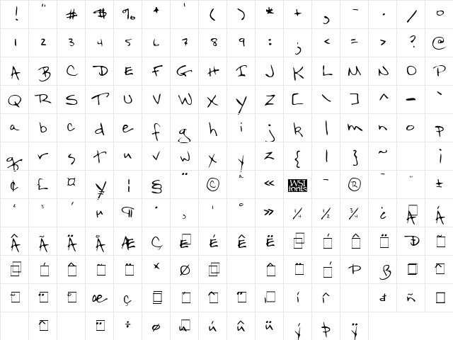 FlintsHand Regular  glyph index