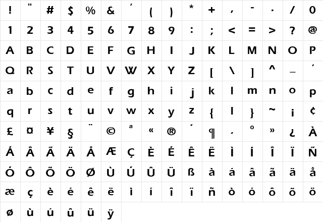 Freeda Regular  glyph index