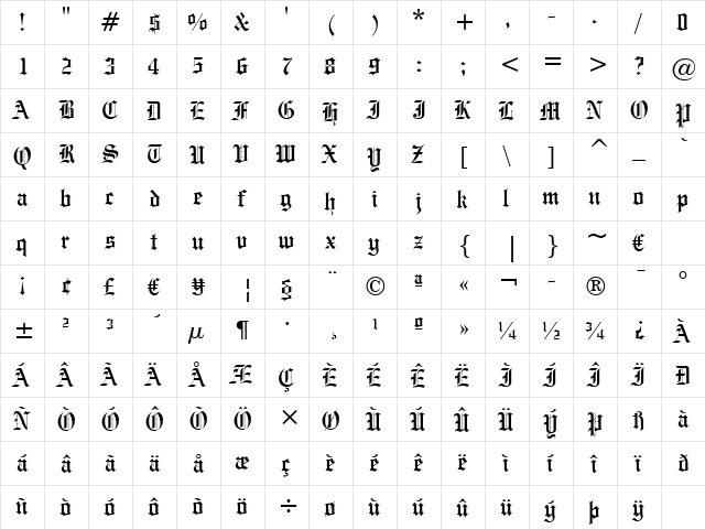EngrvrsOldEng BT Regular  glyph index