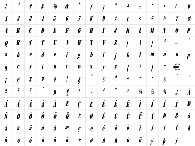 BeauThin Italic  glyph index