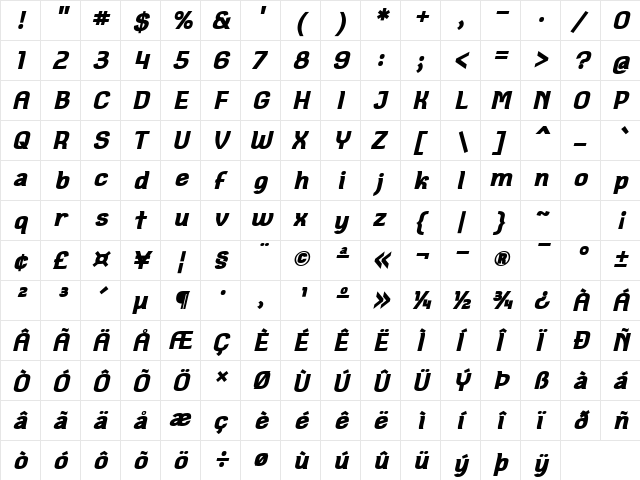 Square Antiqua Bold Oblique  glyph index