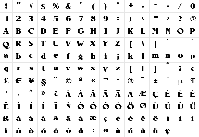 RonaldBecker-Heavy Regular  glyph index