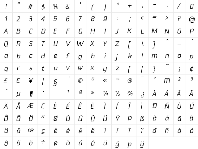 Downtempo Regular  glyph index