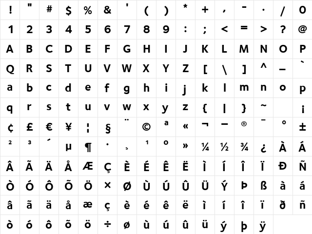 FoundrySterling-Bold Regular  glyph index