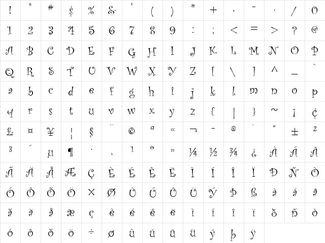 Old Comedy Regular  glyph index
