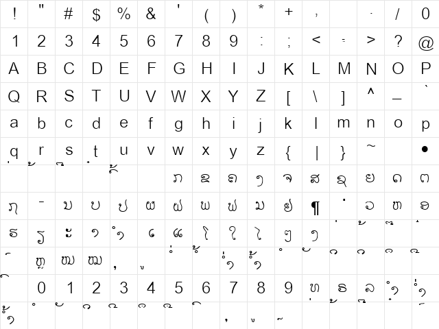 Alice1 Lao Regular  glyph index