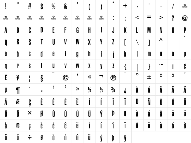 ASPHALTIC GRAIN CONDENSED PERSO Bold  glyph index
