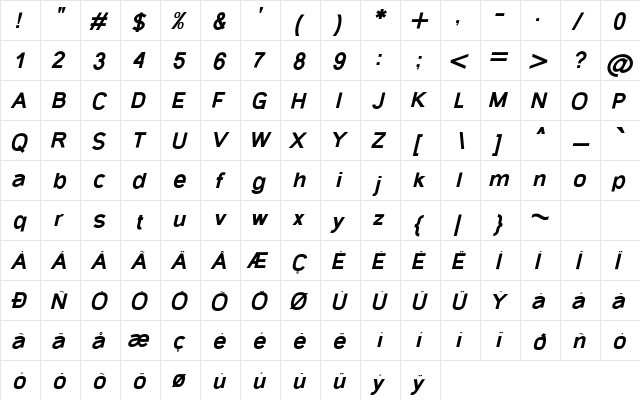 Gecade Bold Italic  glyph index