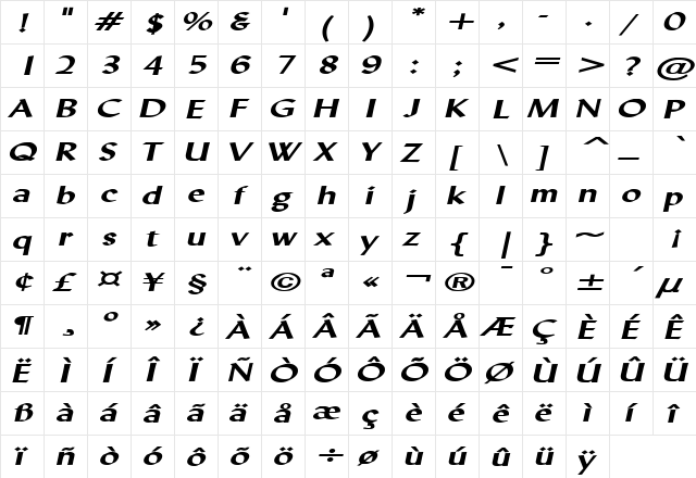 Lynda Extended Bold Italic  glyph index