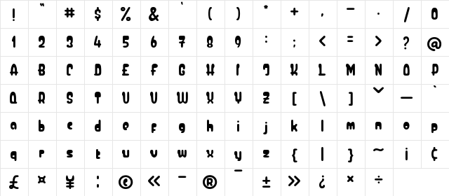 Baby Boo Regular  glyph index