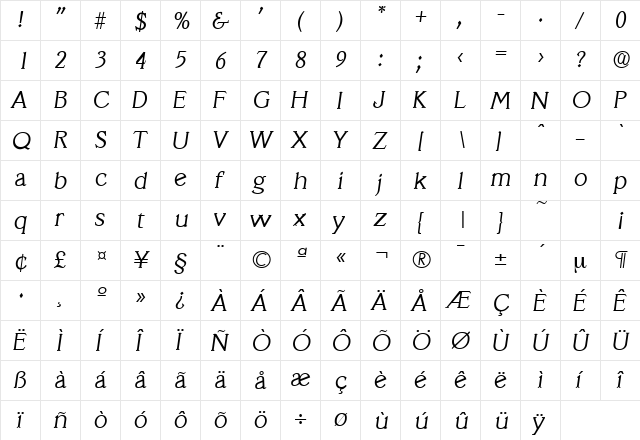 Veracruz-Serial-Light RegularItalic  glyph index