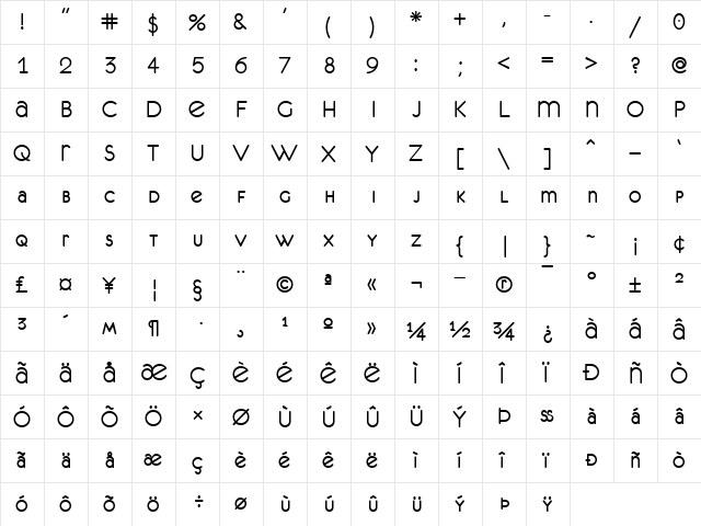 unifur Regular  glyph index