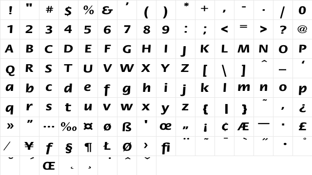 Flora-Bold Wd Regular  glyph index
