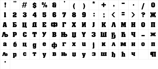 Aardvark Cirilica Bold  glyph index