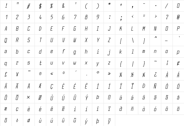 Larabiefont Compressed Italic  glyph index