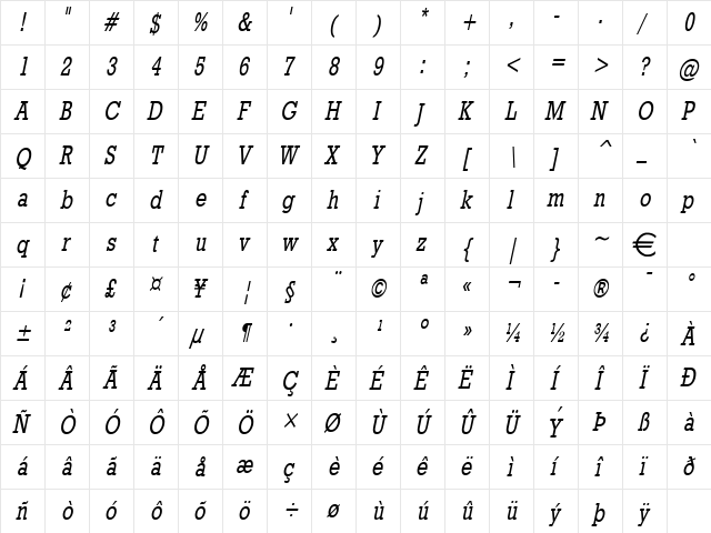 Geo986Thin Italic  glyph index