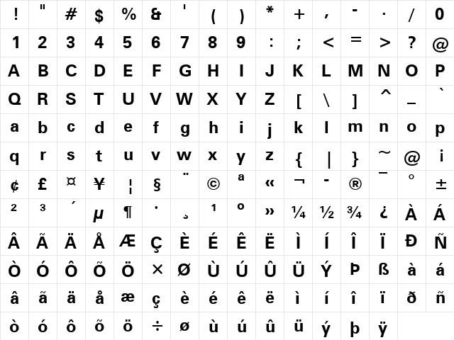 Zurich Win95BT Bold  glyph index