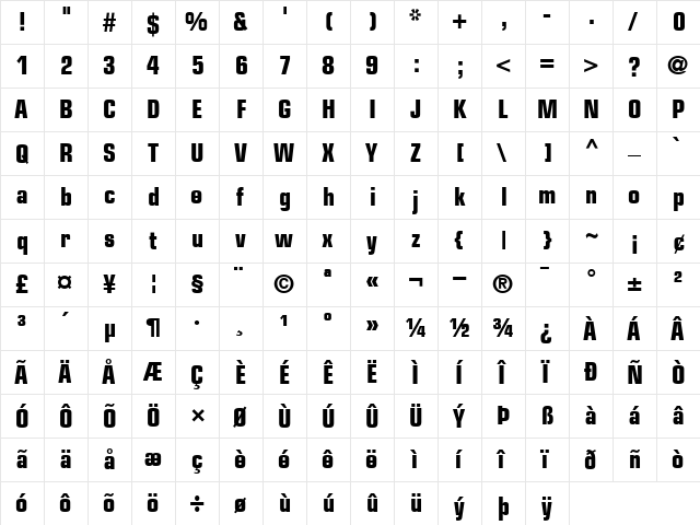 Eurostile-Condensed Bold  glyph index