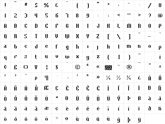 BaccusBevelExp Regular  glyph index