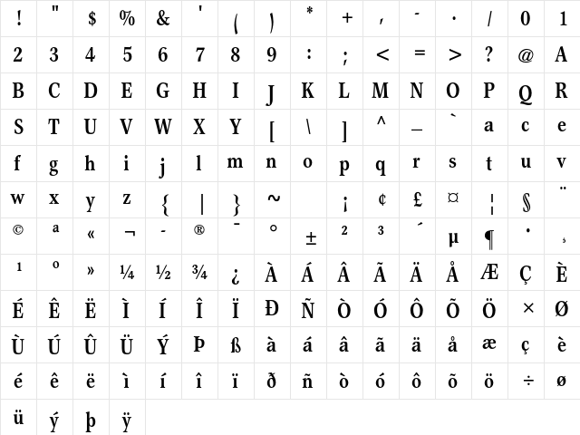 Garth Graphic Std Bold Condensed  glyph index