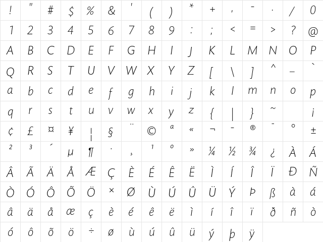 Mundo Sans Std Light Italic  glyph index