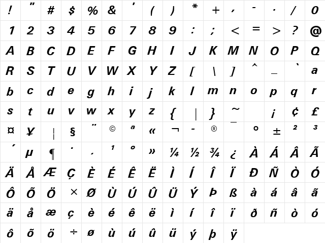 Univers Bold Italic  glyph index