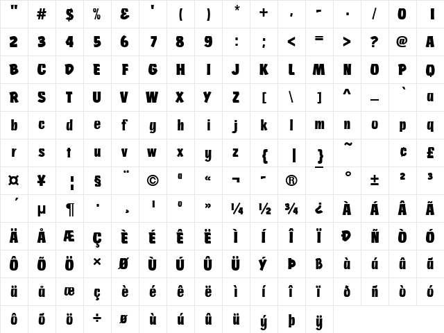 ChurchwardBruDReg Regular  glyph index