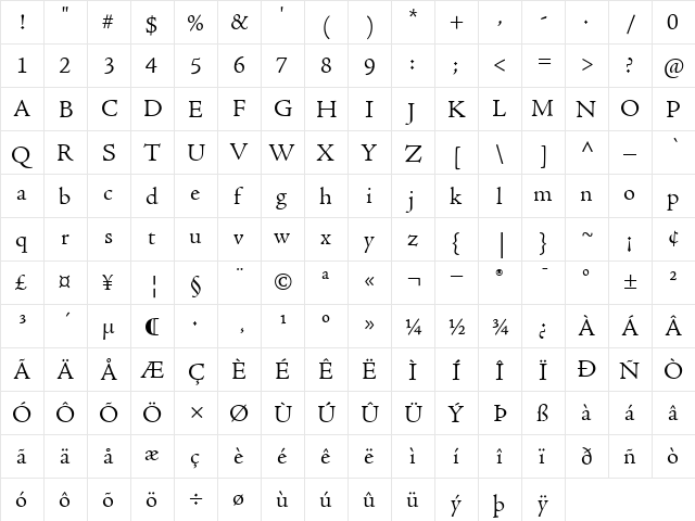 AdobeJenson Roman  glyph index