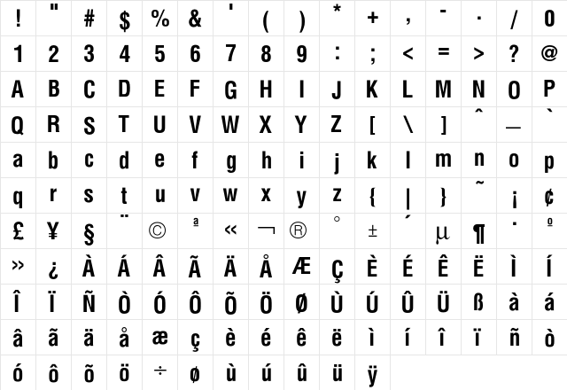 Hallmarke CondBold  glyph index